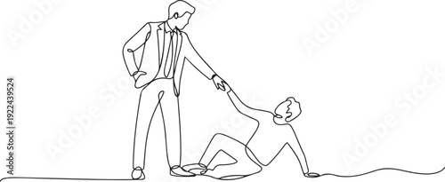 One single line drawing of young happy business man helping his bankrupt partner who lay down on the ground to support to rise up. one line Icon drawing