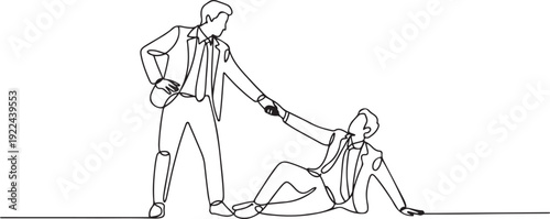 One single line drawing of young happy business man helping his bankrupt partner who lay down on the ground to support to rise up. one line Icon drawing