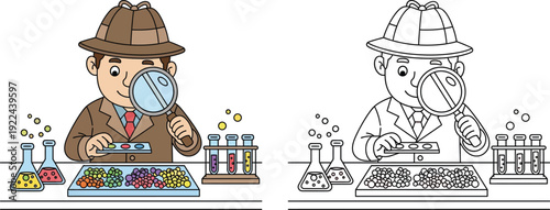 Cartoon Scientist or Detective Examining Samples with Magnifying Glass Scientific Research Illustration