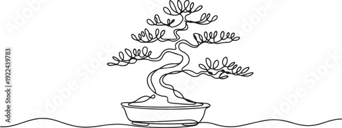 One continuous line drawing beauty and exotic mini bonsai tree for home wall decor art poster print. Old potted bonsai concept for plant shop logo. one line Icon drawing