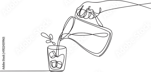 Continuous one line drawing hand pouring orange juice from jug with ice into glass. Splashing and pouring fresh orange juice in glass from pitcher. one line Icon drawing