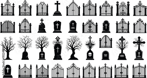 Gothic Cemetery Gates and Tombstone Silhouettes Set with Crosses Trees and Graveyard Elements, Black Halloween Vector Illustration Collection