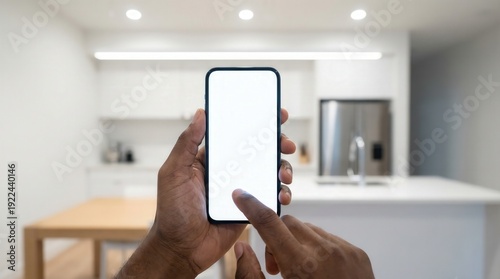 African American hand holding modern smartphone with blank white screen tapping in a contemporary kitchen with copy space for smart home application mockup.