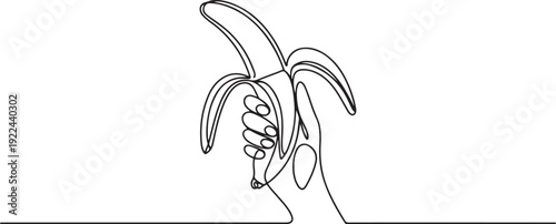 Single continuous line drawing hand holding a banana. Fruit with yellow skin and many types. Has a distinctive sweet taste. Energy booster. National Banana Day. one line Icon drawing