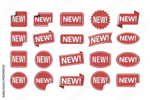 New Arrival Sticker Badge Set, Red Promotional Labels With New Text, Flat Cartoon Style Shop Section Tags, Retail Marketing Highlight Icons, Clean Vector Illustration Isolated On White Background.