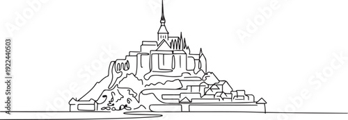 Single continuous line drawing Le Mont Saint Michel landmark. Beautiful famous place in Normandy, France. World travel tour home wall decor art concept. one line Icon drawing