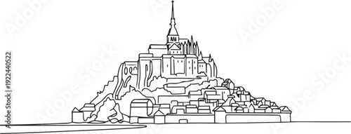 Single continuous line drawing Le Mont Saint Michel landmark. Beautiful famous place in Normandy, France. World travel tour home wall decor art concept. one line Icon drawing