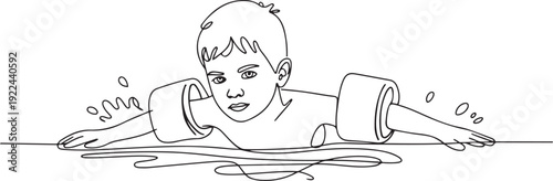 Single continuous line drawing a boy learns to swim using float. Aspiring to become a professional swimmer. Practice seriously. Newbie. National Learn to Swim Day. one line Icon drawing