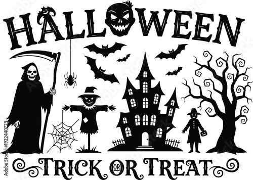 Halloween trick or treat typography with haunted house grim reaper bats and spooky characters, black vector illustration isolated on white background