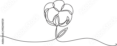 One continuous line drawing of whole soft and fluffy cotton flower for farming logo identity. Staple fiber flower concept for garden icon. one line Icon drawing