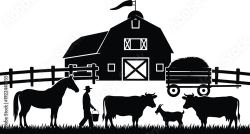 Black silhouette of a farm landscape with barn, farmer carrying bucket, horse, cows, goat, hay wagon, and wooden fence on white background.