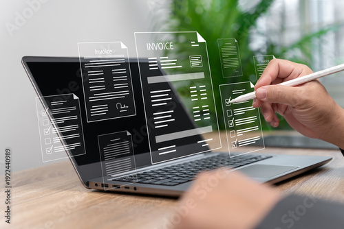 Invoice verification online approval, Businessman reviewing digital billing forms, Financial calculations, budget, Payment management, Expense tracking, Accounting software, Financial planning tools