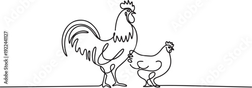 Single continuous line drawing a pair of rooster and hen. Made to resemble a logo. Farming symbol. Raising chickens. Husbandry. Mascot. one line Icon drawing