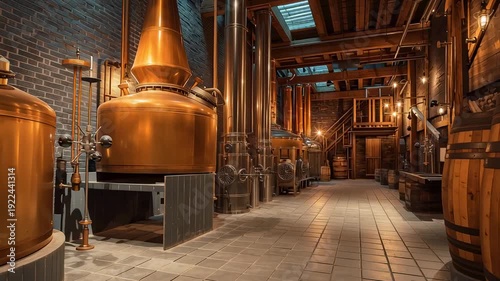 Traditional whiskey distillery interior with copper stills and wooden barrels, warm industrial atmosphere of alcohol production