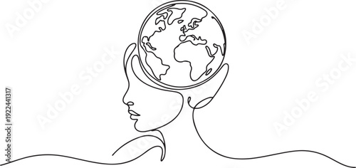 Single continuous line drawing the head of a woman with a globe in the middle of her head. No damage to the earth. No illegal logging. Inside the Head of Woman. one line Icon drawing
