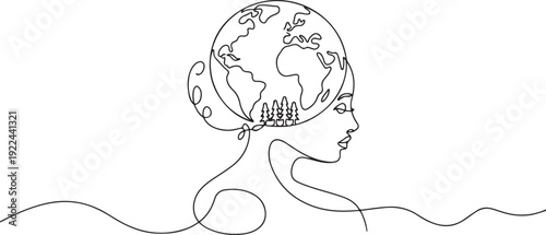 Single continuous line drawing the head of a woman with a globe in the middle of her head. No damage to the earth. No illegal logging. Inside the Head of Woman. one line Icon drawing
