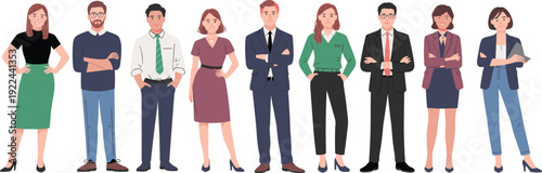 Diverse group of confident business professionals standing together, corporate team illustration isolated on white background modern flat vector style concept