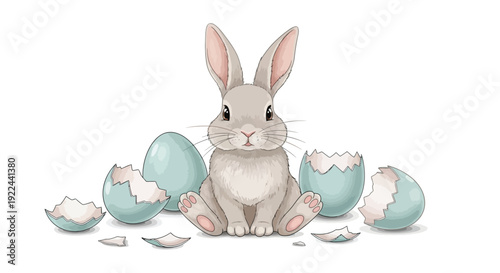 Adorable cartoon bunny sits surrounded by cracked blue easter eggs on white background