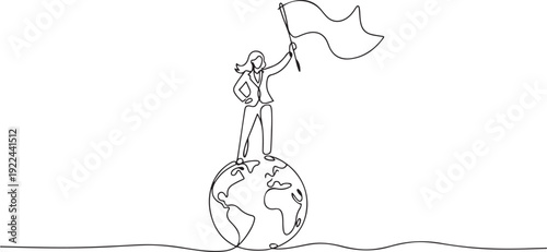 Single one line drawing of successful businesswoman standing on giant globe raising flag. Businesswoman celebrating victory. Metaphor of conquering the world. one line Icon drawing