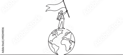 Single one line drawing of successful businesswoman standing on giant globe raising flag. Businesswoman celebrating victory. Metaphor of conquering the world. one line Icon drawing