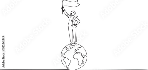 Single one line drawing of successful businesswoman standing on giant globe raising flag. Businesswoman celebrating victory. Metaphor of conquering the world. one line Icon drawing