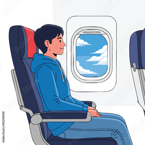 Young Traveler Relaxing on an Airplane During Flight