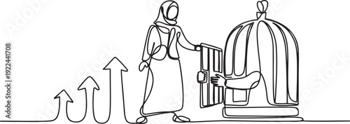 Single one line drawing Arab businesswoman who was free by colleague from trap of cage. Teamwork metaphor. Growing business together. Great relationship. one line Icon drawing