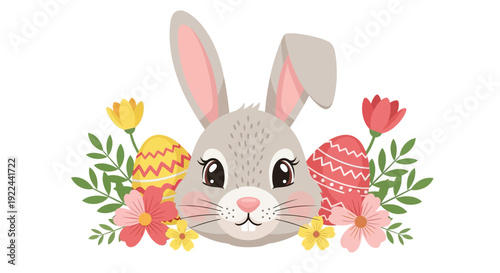 Adorable cartoon easter bunny face surrounded by colorful flowers and easter eggs