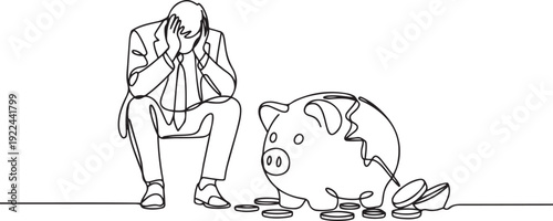 Single one line drawing businessman sit slump next to a large, destroyed piggy bank. Helpless. Not having a good financial plan. Financial problem. Mistake. one line Icon drawing