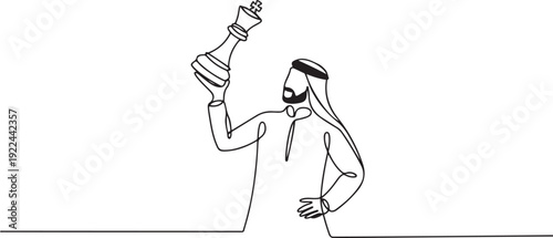 Single continuous line drawing Arabian businessman holding, lifting king chess piece. Successful entrepreneurship tactics or strategy, superiority in business. one line Icon drawing