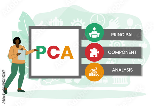 PCA, Principal Component Analysis acronym. Concept with keyword and icons. Flat vector illustration. Isolated on white