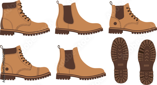Flat vector illustration set of professional men brown leather boots collection with various styles including lace up Chelsea and sole view for fashion footwear.