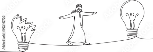 Continuous one line drawing Arab businessman walks on tightrope from broken lightbulb to whole lightbulb. Taking best opportunity. National Creativity Day. one line Icon drawing
