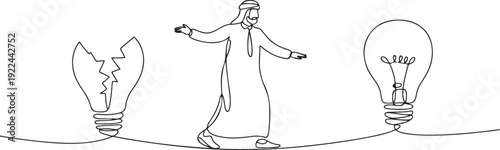 Continuous one line drawing Arab businessman walks on tightrope from broken lightbulb to whole lightbulb. Taking best opportunity. National Creativity Day. one line Icon drawing