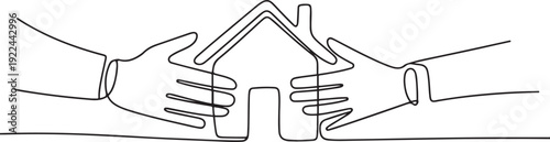 Single continuous line drawing hands fighting over miniature house. Compete for benefits to use in retirement. Comfortable home. Peaceful retirement. one line Icon drawing