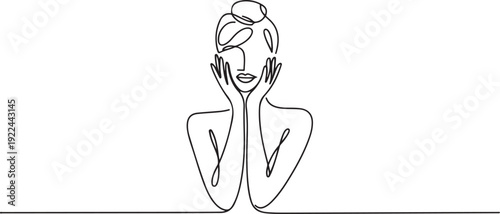 Single one line drawing the beautiful and fashionable woman covers her cheeks and eyes with her hands. Look different and full of confidence. Nail Day. one line Icon drawing