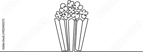 One single line drawing of fresh salty pop corn with stripped patter paper box vector graphic illustration. Snack for watching movies concept. one line Icon drawing