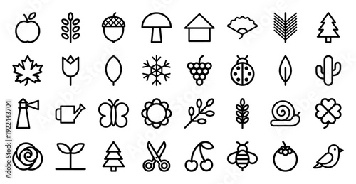 Nature and seasonal botanical line icons for organic branding and gardening app interfaces. Minimalist monoline pictograms featuring forest flora and fauna.