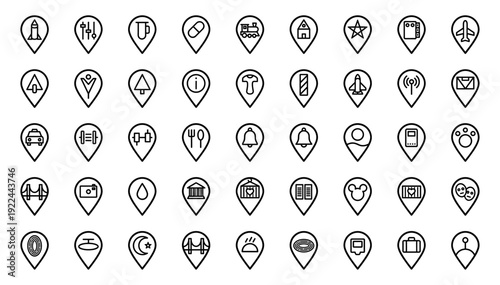 Map pointer navigation symbols for travel and urban services. Technical monoline location pins featuring tourism, transportation, and lifestyle destination icons.