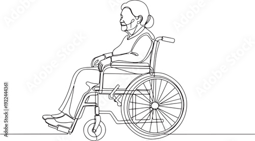 Elderly woman sitting in wheelchair. Minimal line art of disability and care.