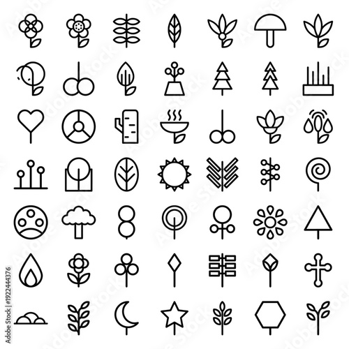 Abstract nature and botanical monoline symbols for eco-branding. Minimalist geometric plant icons featuring stylized trees, leaves, and organic growth forms.