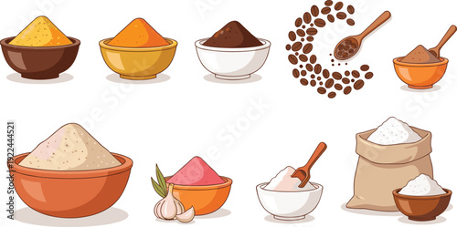Spices and ingredients vector set. Coffee beans, flour, sugar and seasonings illustration. Cartoon cooking elements collection for kitchen, grocery and packaging design.