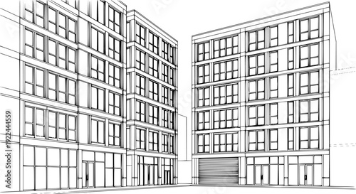 A strong black and white line drawing of a modern multistory building with numerous windows and accessible ground floor entrances