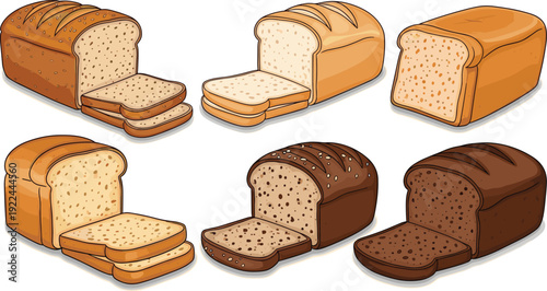 Sliced bread loaf vector set. White, whole wheat and dark rye bakery collection. Cartoon baked goods illustration for cafe menu and packaging design.