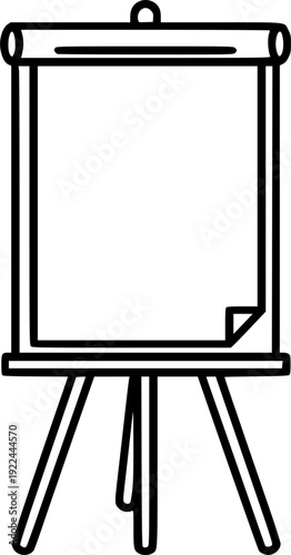 A simple black outline drawing of a blank flip chart on a tripod stand
