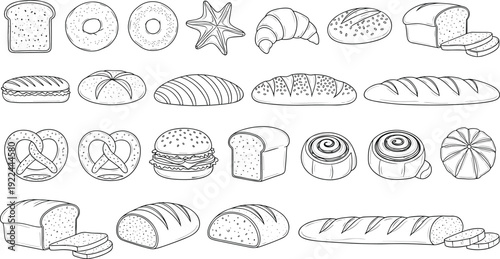Bakery outline vector set. Bread, donut, croissant and baguette sketches. Hand drawn black and white baked goods illustration for menu and packaging design.