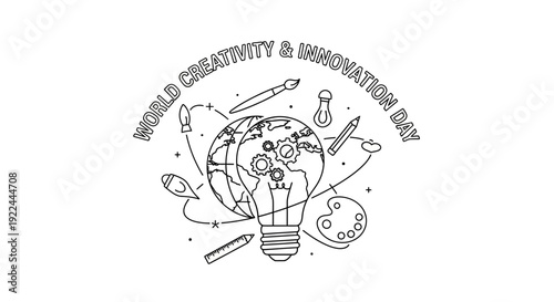 World Creativity & Innovation Day concept: lightbulb, globe, art supplies, gears