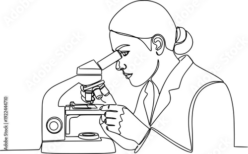 Dynamic single line graphic depicting a researcher intently looking through a microscope