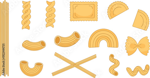 Pasta types flat vector set. Spaghetti, macaroni, ravioli and fusilli shapes. Simple Italian food illustration isolated for restaurant menu and packaging design.