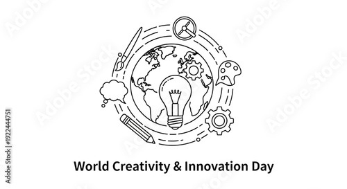 World Creativity & Innovation Day concept with lightbulb, globe, and art supplies illustration.